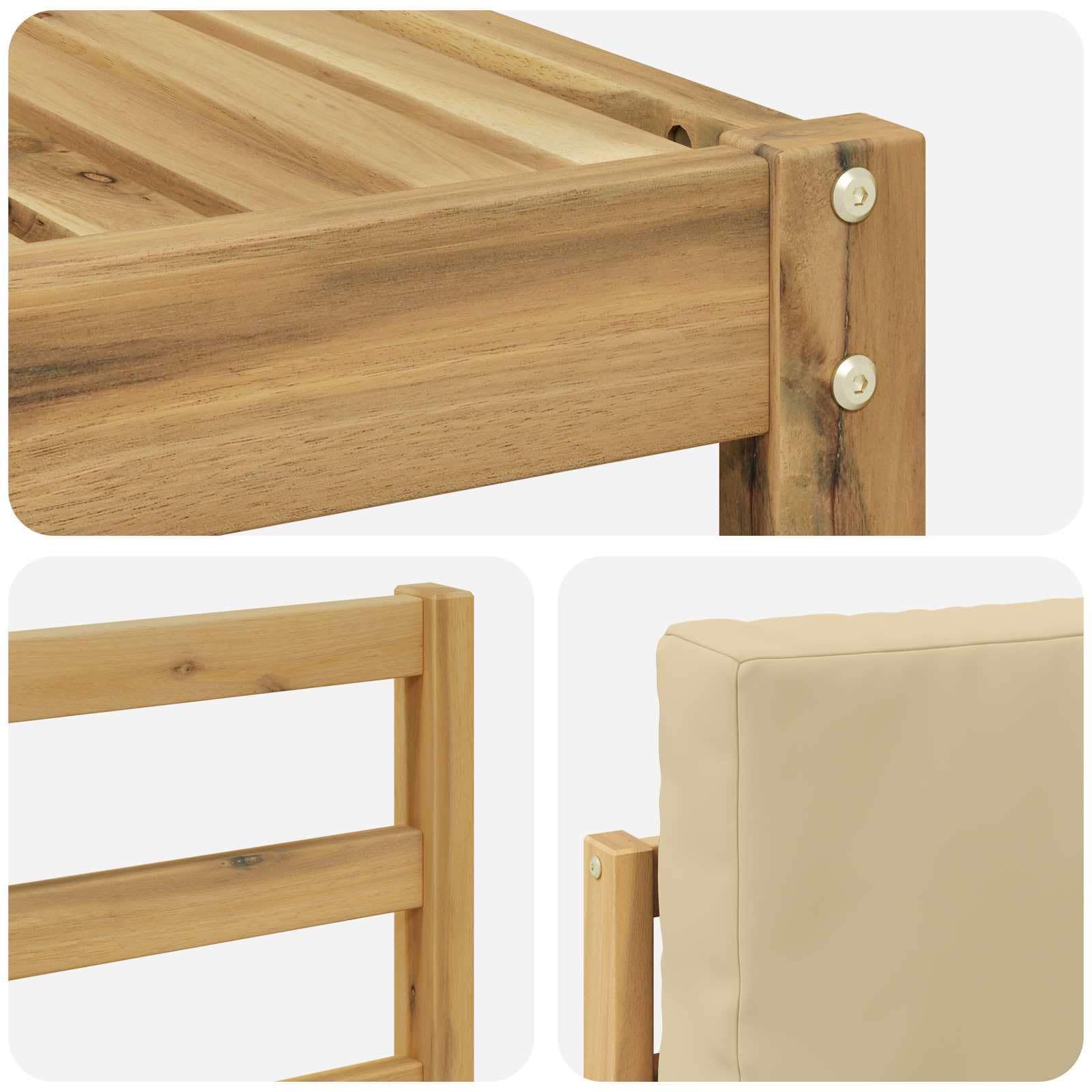Gartenmöbelset 7-teilig mit Kissen aus wetterfestem Akazienholz für Terrasse, Balkon und Garten, modernes Design, langlebig, leicht zu reinigen, inklusive Tisch, Sofas, Armlehnen und Kissen