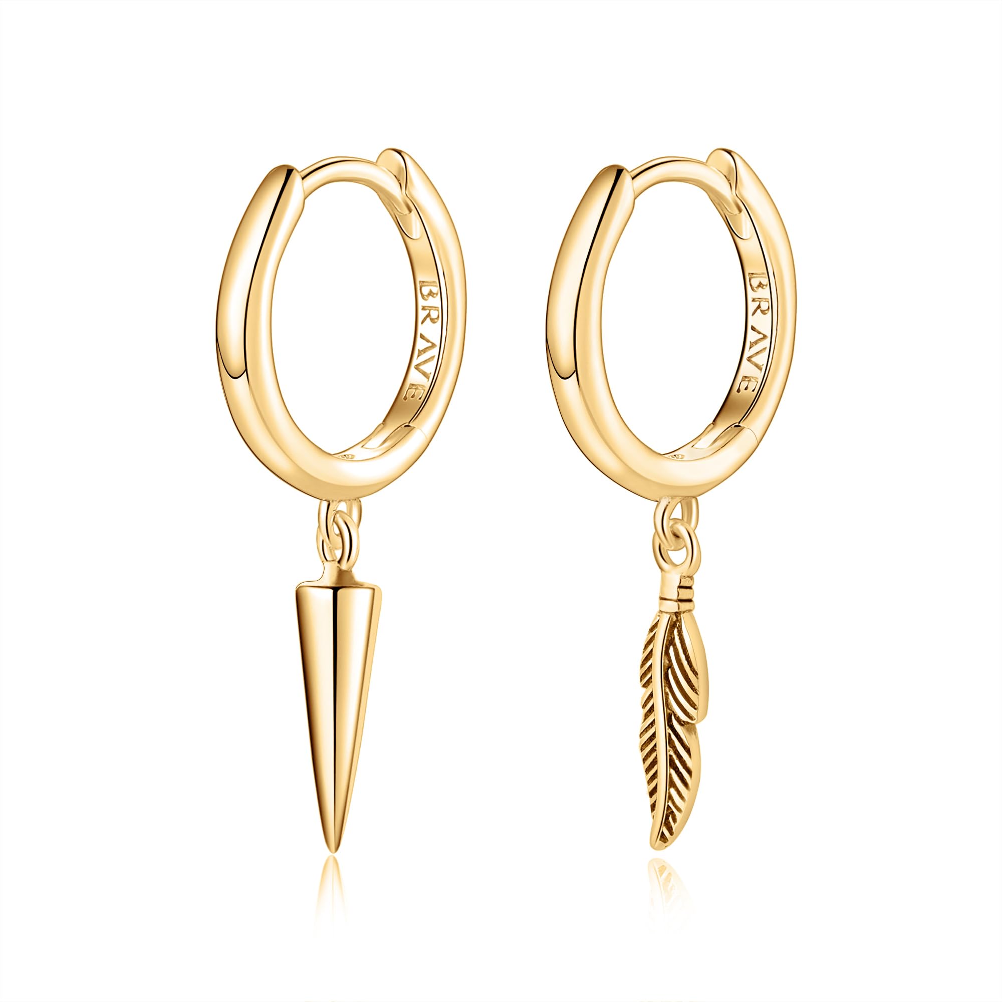 MARLION JEWELS Pendientes de Plata de Primera Ley (S925) con Aros y Colgantes Combinados de Spike y Pluma. Pendientes Acabados en Plata o Baño Oro 18K. Regalo Cumpleaños. Joyería para hombre.