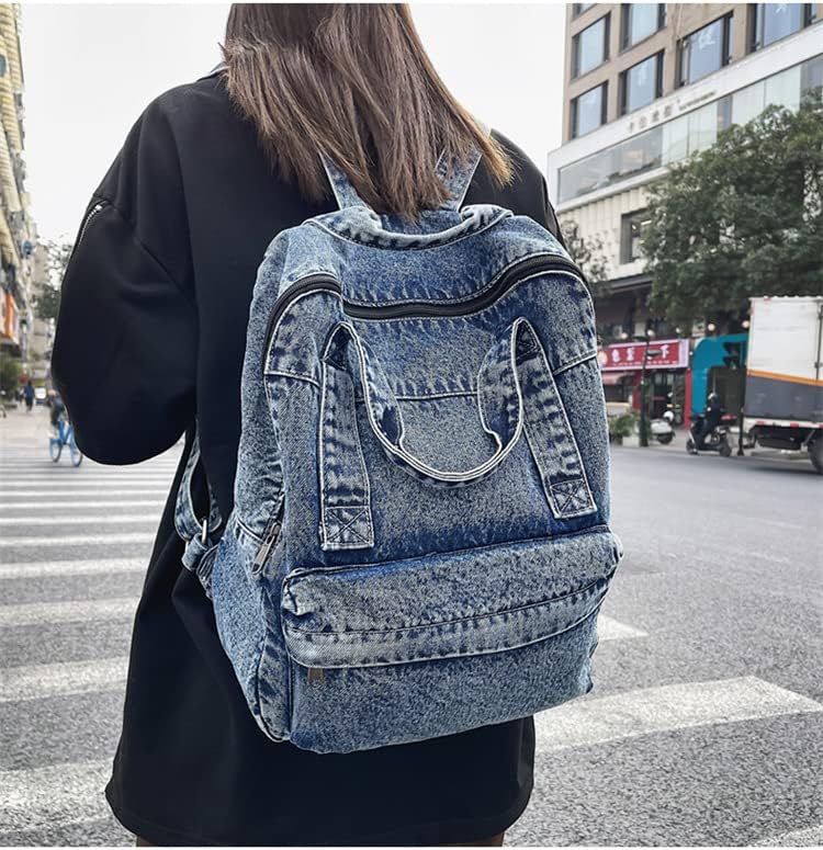 Vintage Denim Backpack Casual Style Daypack Shoulder Bag Rucksack Classic Jeans Backpacks Lightweight Handbag Purse (Blue) - Image 2