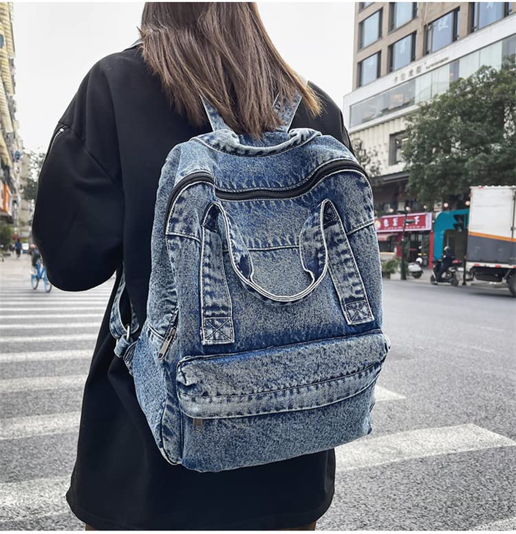 TYHOTULY Vintage Denim Backpack Casual Style Daypack Shoulder Bag Rucksack Classic Jeans Backpacks Lightweight Handbag Purse (Blue)