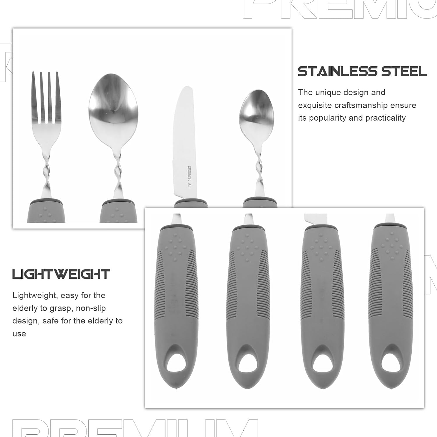 VICASKY Anti-slip Adaptive Tableware for Elderly with Bendable Grey Handles Lightweight Non-skid Utensils for Disabled Persons Stainless Steel Cutlery for Tremors and Weak Grip Portable