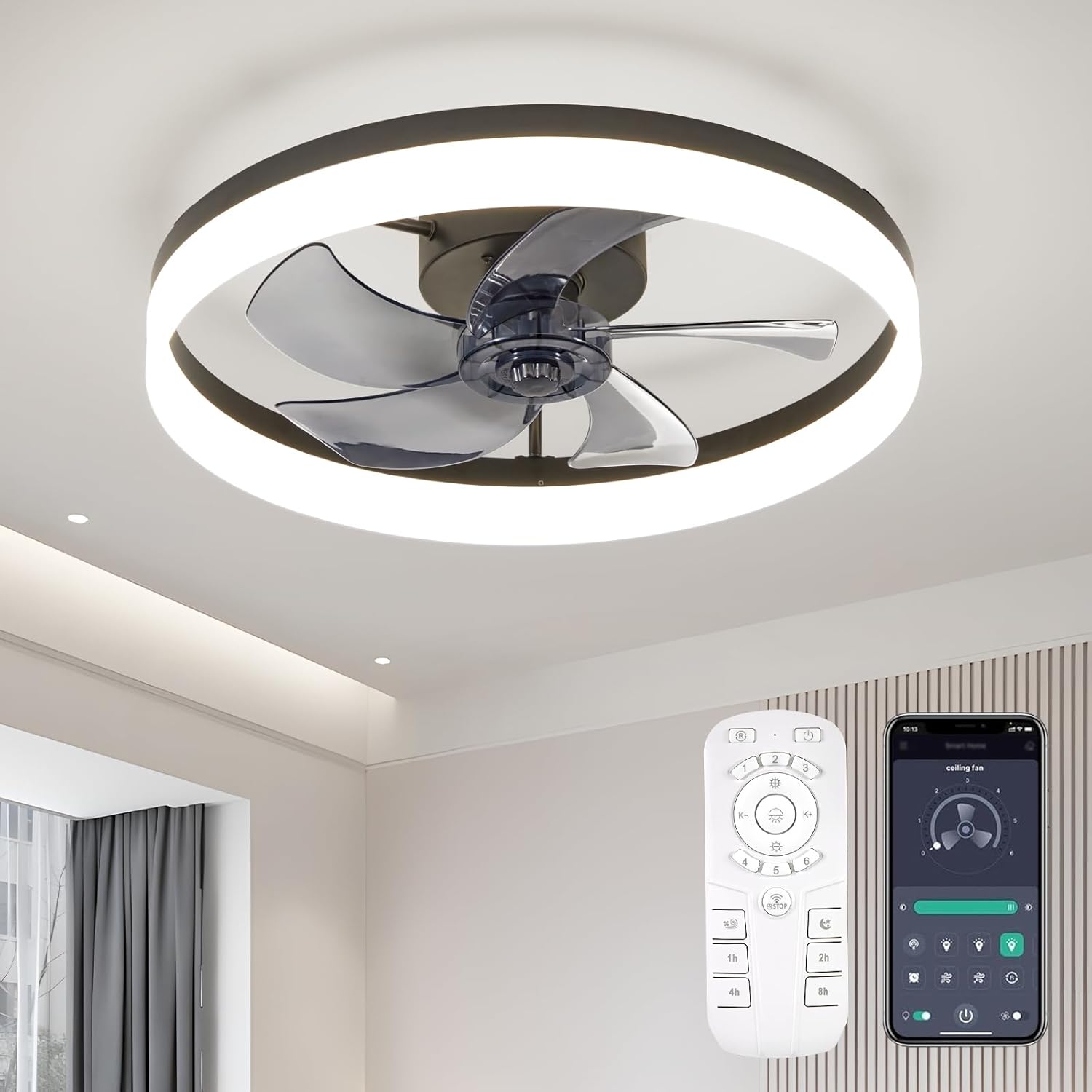 Ceiling Fans with Lights and Remote, 20 Inch Flush Mount Low Profile Ceiling Fan, Reversible DC Motor, 6 Speeds, Dimmable LED Fan for Bedroom, Kitchen, Dining Room, Kids Room, Office Black 20 inch
