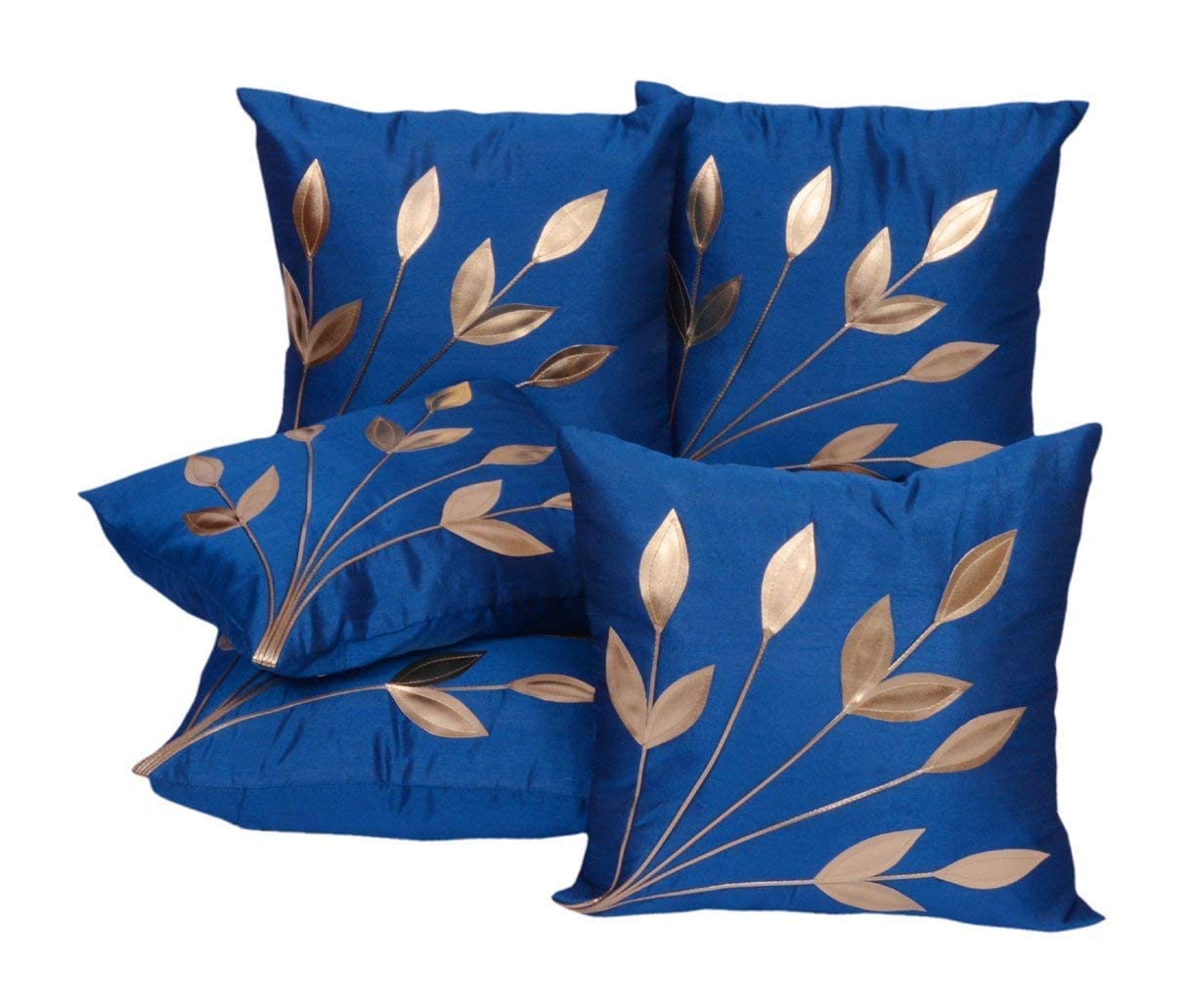 Cushion Cover Set of 5 Home Decorative Polyester Throw Pillow Covers for Sofa, Living Room & Bedroom 16x16 Inch Case Filler Cover Hidden Zipper Gold Leaf Design (Blue)-image-36