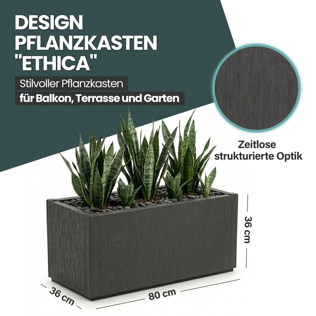 Kreher® XL Pflanzkasten Blumenkasten Anthrazit - 80 x 36 x 36 cm - Kunststoff, frostsicher & wetterfest - Struktur-Design für Garten, Terrasse & Balkon (3)