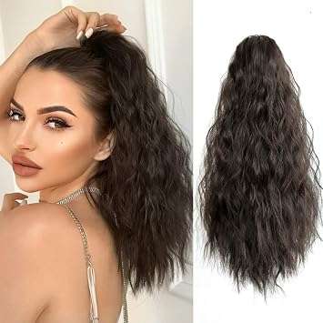 Pony Tail Extensions Wavy Claw Clip Ponytail Extension 18" Long Natural Fake Ponytails Synthetic Fluffy Natural Clips in Hair Pieces for Black Women Party Daily Use 6 Oz Darkest Brown