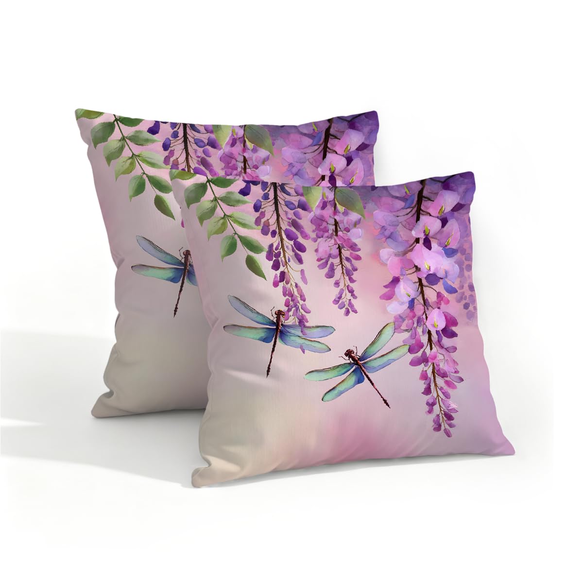 Outdoor Pillow Covers Waterproof Pillowcases 16x16in Set of 2 Purple Wisteria Floral Vines Dragonfly Decorative Throw Cushion Case for Couch Sofa Garden Patio Furniture
