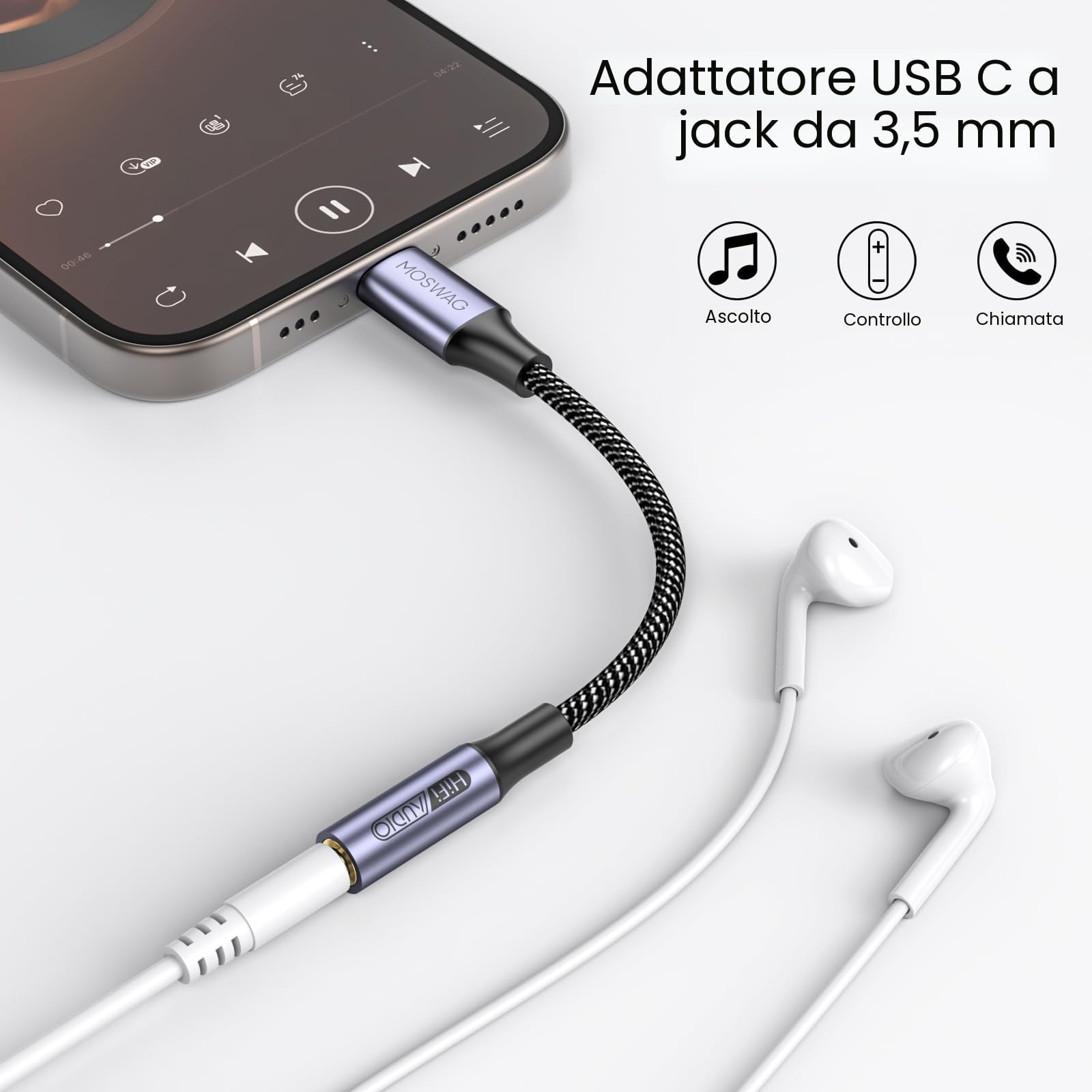 MOSWAG Adattatore jack per cuffie USB C a 3.5mm, adattatore audio USB C a cavo Dongle Aux per Samsung Galaxy S22 S21 S20 Ultra S20 + Nota 20 10 S10 S9 Plus, Pixel 4 3 2 XL, ipad Pro e altro ancora