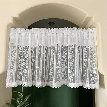 Short Curtain,Cafe Net Curtain, Light Filtesheer Window Valance, Rod Pocket Embroidered Lace Short Curtain Drapes Window Treatment for Kitchen Balcony Bathroom, 1 Panel/White/W * H 100*52Cm