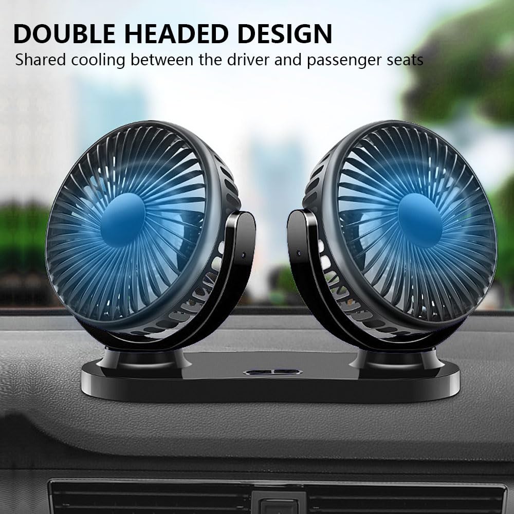 Doppia Teste Ventilatore per Auto 5V, Ventola di Raffreddamento a 3 Velocità, Ventola di Raffreddamento per Auto Girevole a 360 Gradi per tutti i veicoli familiari, furgoni, camper, ATV