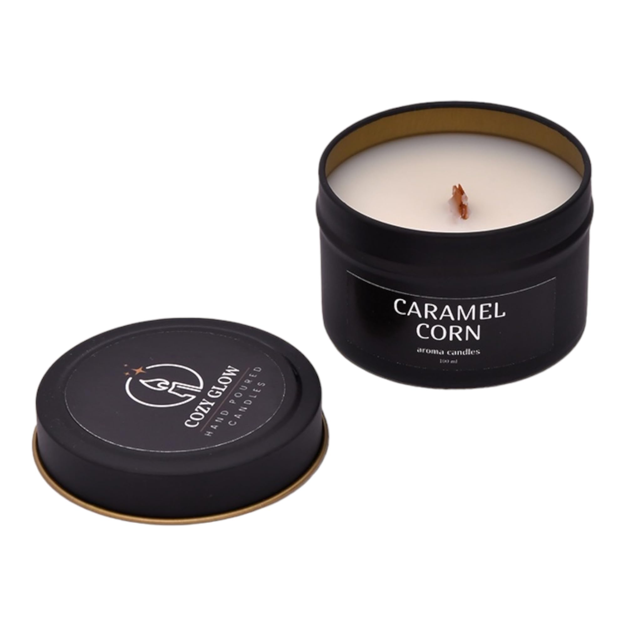 COZYGLOW Aromatic candle "Caramel corn", wooden wick, 30 hours of burning, 100 ml, 7 cm x 4.5 cm, 1 pc