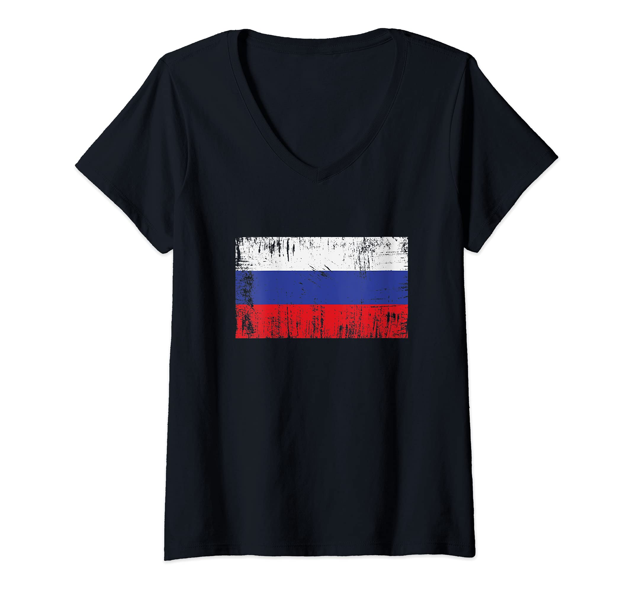 Womens Vintage Russian Banner Fan Russia Flag Retro V-Neck T-Shirt, Black