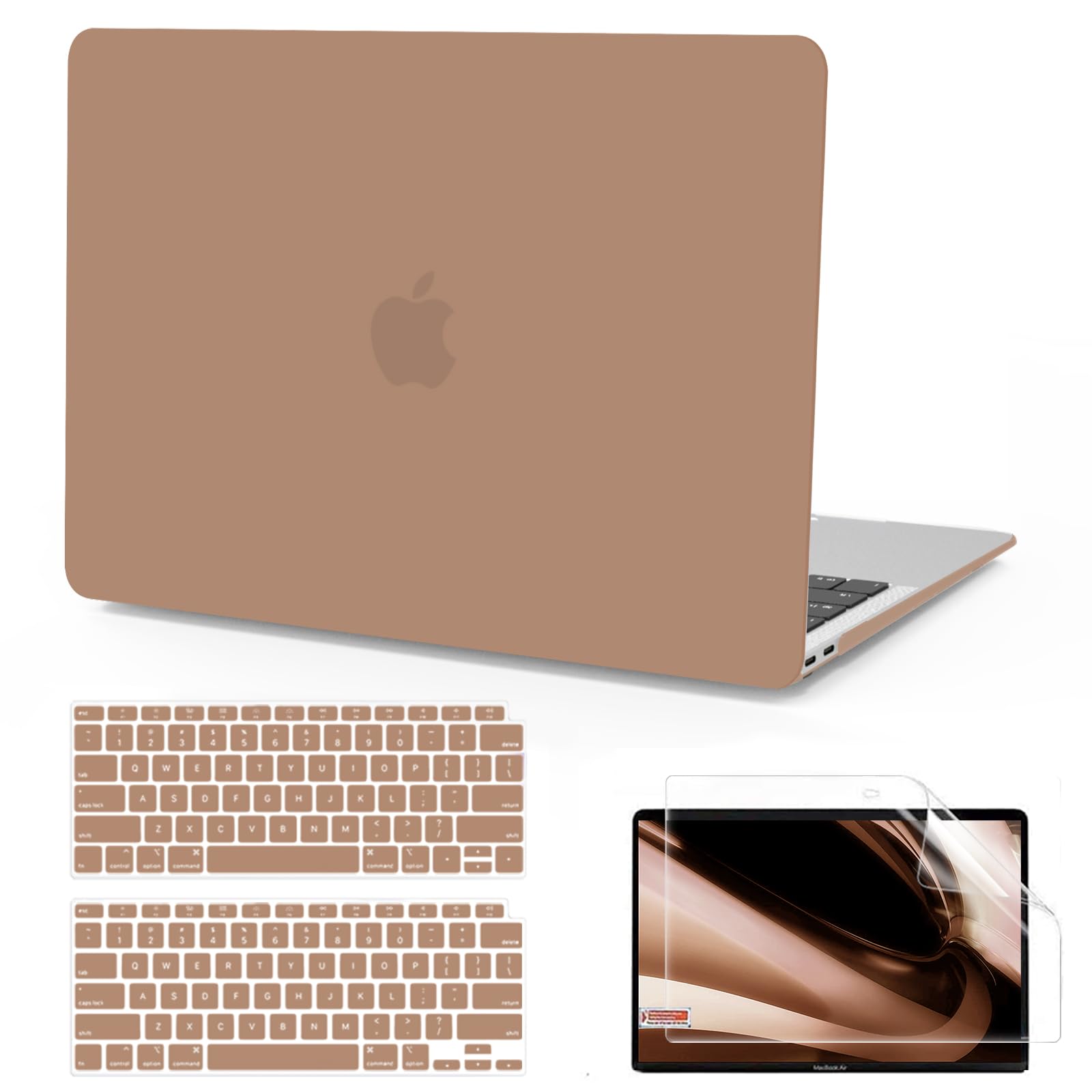 B BELK Compatible with MacBook Air 13 inch Case 2022 2021 2020 2019 2018 Release A2337 M1 A2179 A1932 Touch ID, Matte Plastic Hard Shell Case +Keyboard Cover +Screen Protector Retina, Caramel Brown