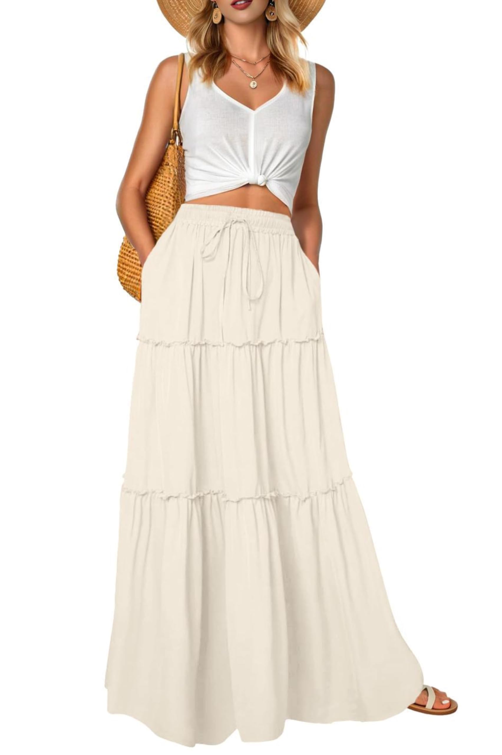 QIXING Damen Maxirock Sommer Boho Blumen Muster Hohe Taille Elastischer Bund Langer Fließender Rock mit Taschen Stufenrock Elegant Luftig