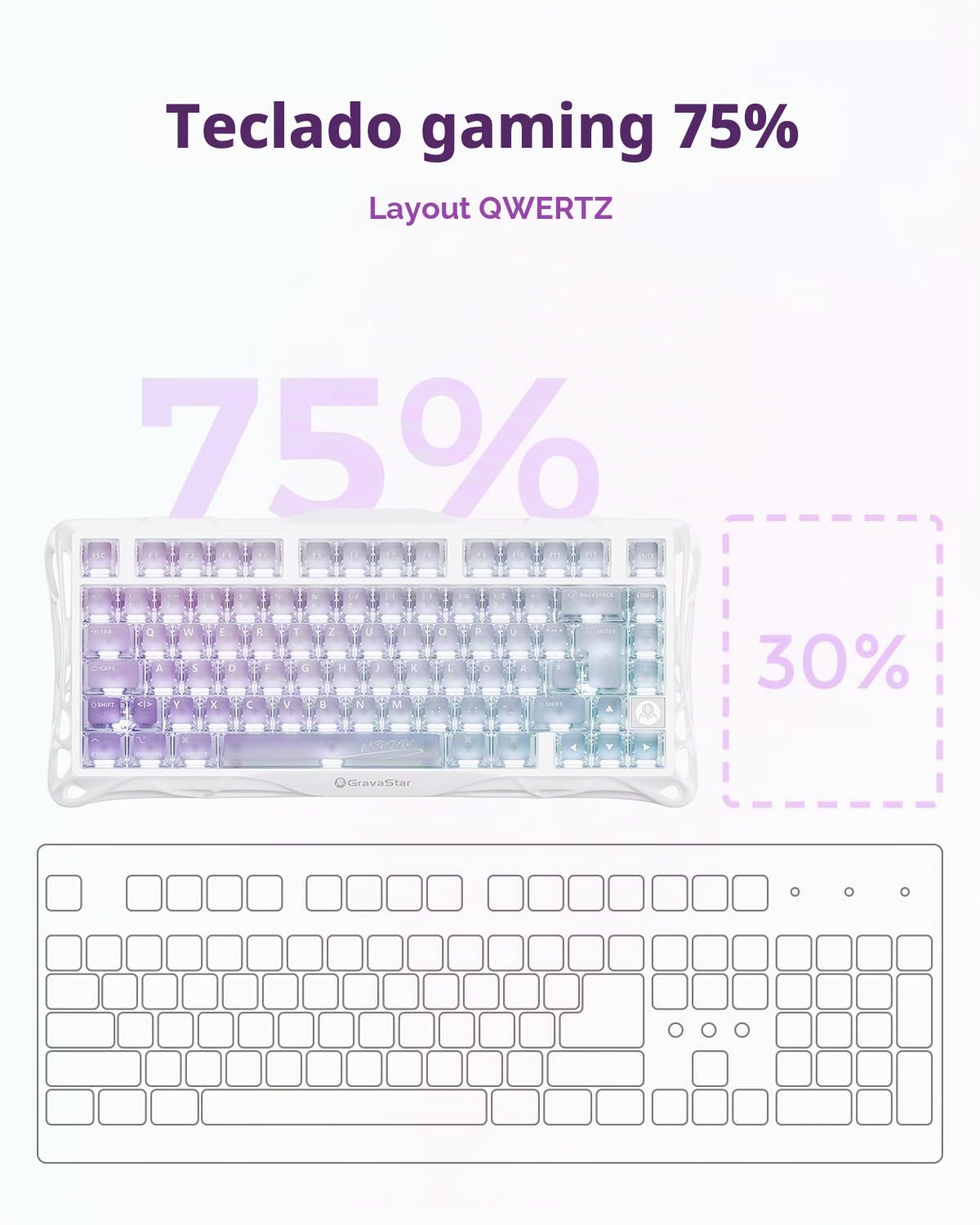 GravaStar Mercury K1 Lite Teclado mecánico gaming QWERTY Crystal Aurora | 75% Wireless Gaming Keyboard con Tri-Mode (2.4G/BT/USB-C), Hot Swap, inalámbrico, Gasket, RGB iluminación, teclados mecánicos