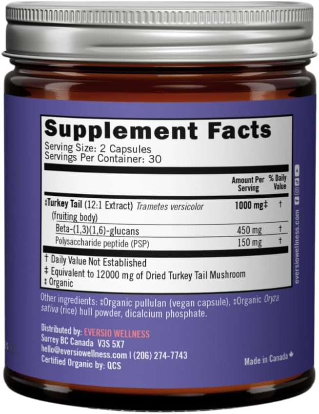 Organic Turkey Tail Capsules – 12:1 Extract, 45% Beta Glucans - Fruiting Body Mushroom Supplement for Immune Support – 60 Vegan Capsules – EVERSIO WELLNESS (Defend Now)