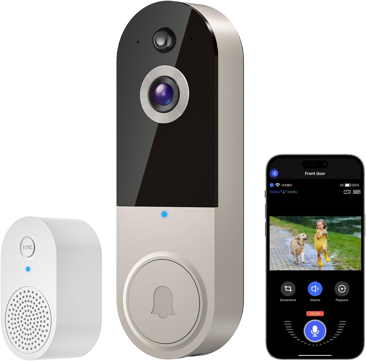 1080P Wireless Doorbell Video Camera, AI Human Detection, Chime Ringer Included, 2.4G WiFi, Night Vision, Instant Alerts, 2-Way Audio, Cloud Storage, Indoor Outdoor Surveillance