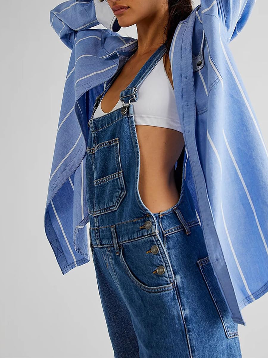 Salopette Jean Femme Large Combinaison sans Manches avec PochesJeans à Bretelles Salopettes en Denim Romper