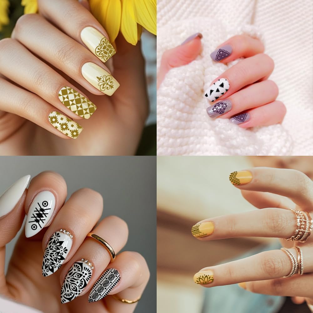 PH PandaHall 3pcs Bohemian Nail Stamping Plates Flower Nails Art Stencils Geometric Texture Nail Art Templates Ethnic Styles Nails Design Stamp Plate with Stamper and Scrape for Women Design Manicure