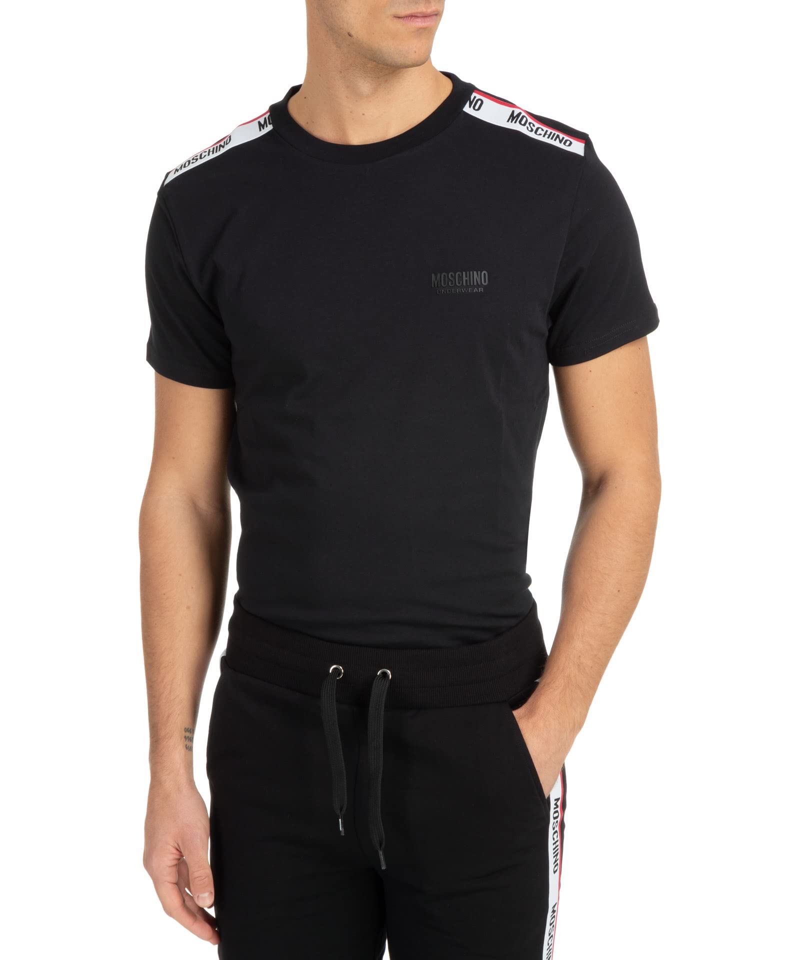 Moschino Underwear Tape Shoulder Logo T Shirt in Black L