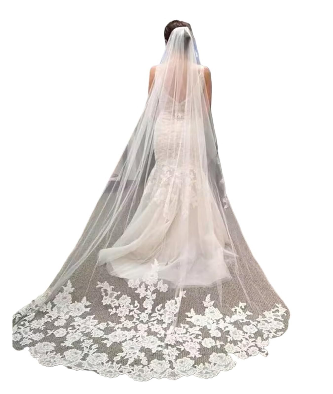 Velo de novia catedral de una capa con encaje elegante 5