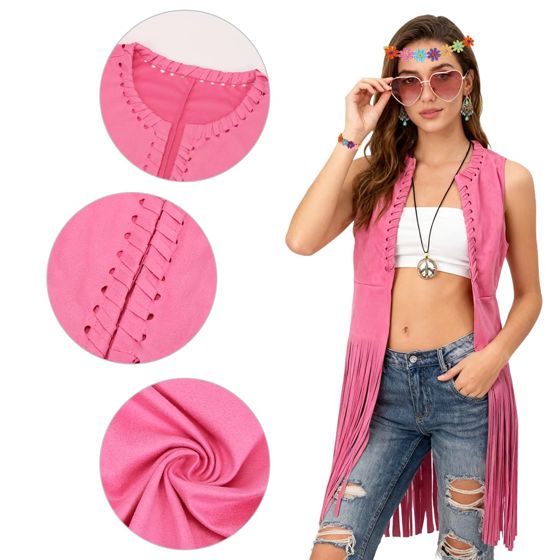 Aurasky Hippie Kostüm Damen, Hippie Fransenweste Brille Peace Halskette Haarband Armband Ohrringe, 70er Jahre Bekleidung Damen, Cowgirl Kostüm für Mottoparty Fasching Karneval