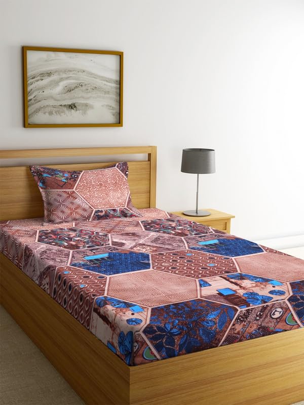 Premium Pure Cotton 180 TC Flat Single Bedsheets for Summer Breathable | Wrinklefree (Size-60 X 90 Inch) with 1 Pillow Covers (Size-17 X 27 Inches, Traditional Brown & Blue)