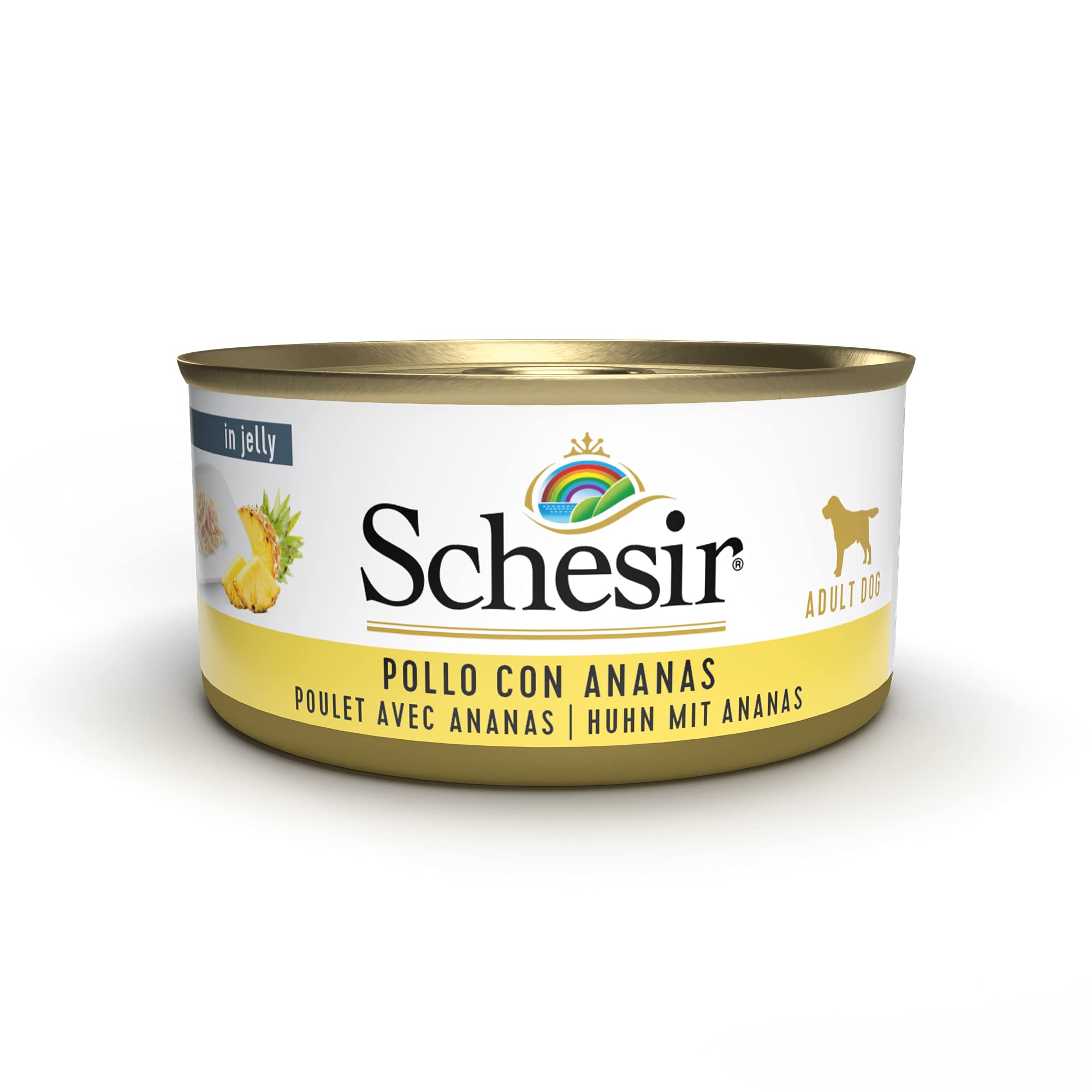 Schesir, Feuchtnahrung für erwachsene Hunde mit Hähnchen und Papaya in weichem Gelee (18 Dosen à 150 g)