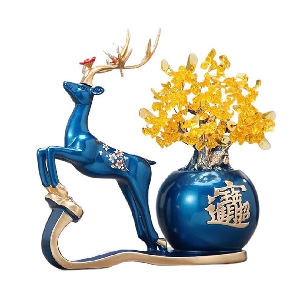 Home Decor Crystal Tree Ornament for Living Room, Attracting Wealth Deer Feng Shui Decoration Bonsai