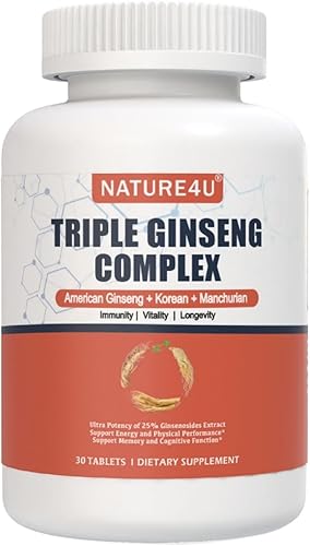 Complejo triple de ginseng, ultra potencia 15% de ginsenósidos de 3 Panax Ginseng extracto para energía, memoria, vitalidad y apoyo inmunológico,
