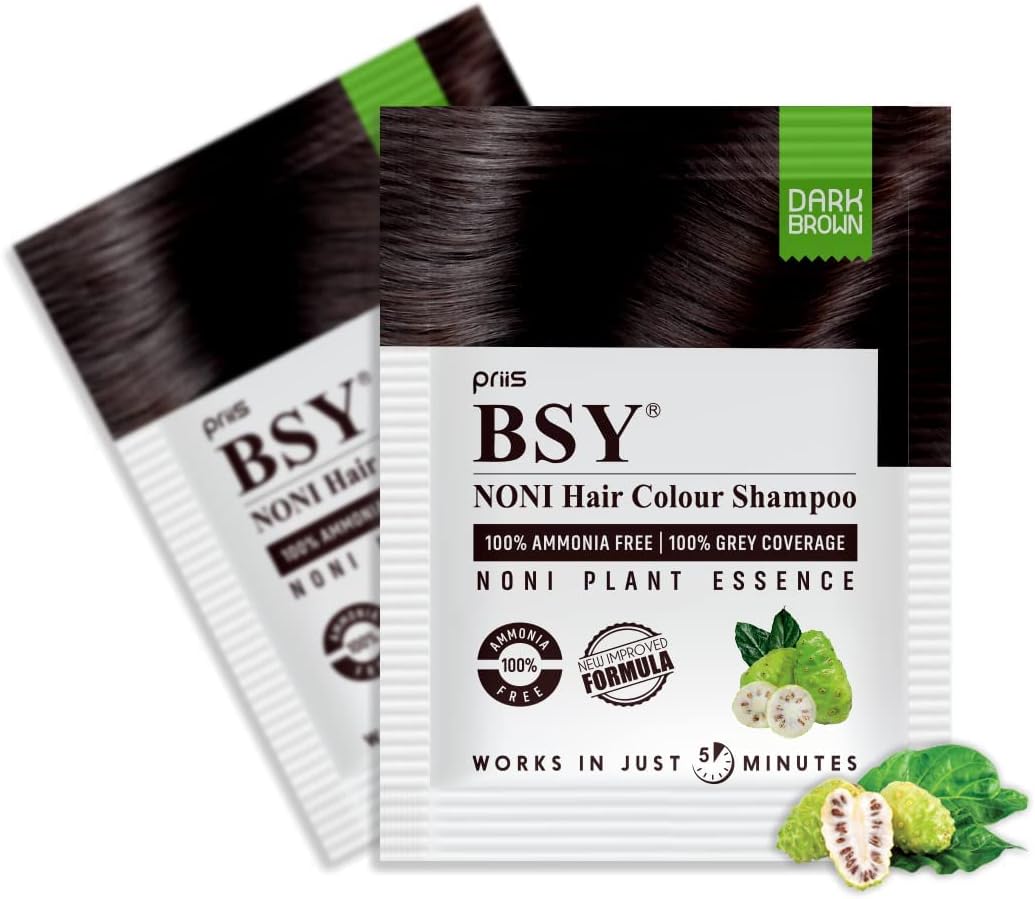 BSY Dark Brown Noni Hair Color Shampoo - Ammonia-Free, Anti Hair Fall, Noni Fruit Based, 5 Minute Hair Dye (20mlx20)