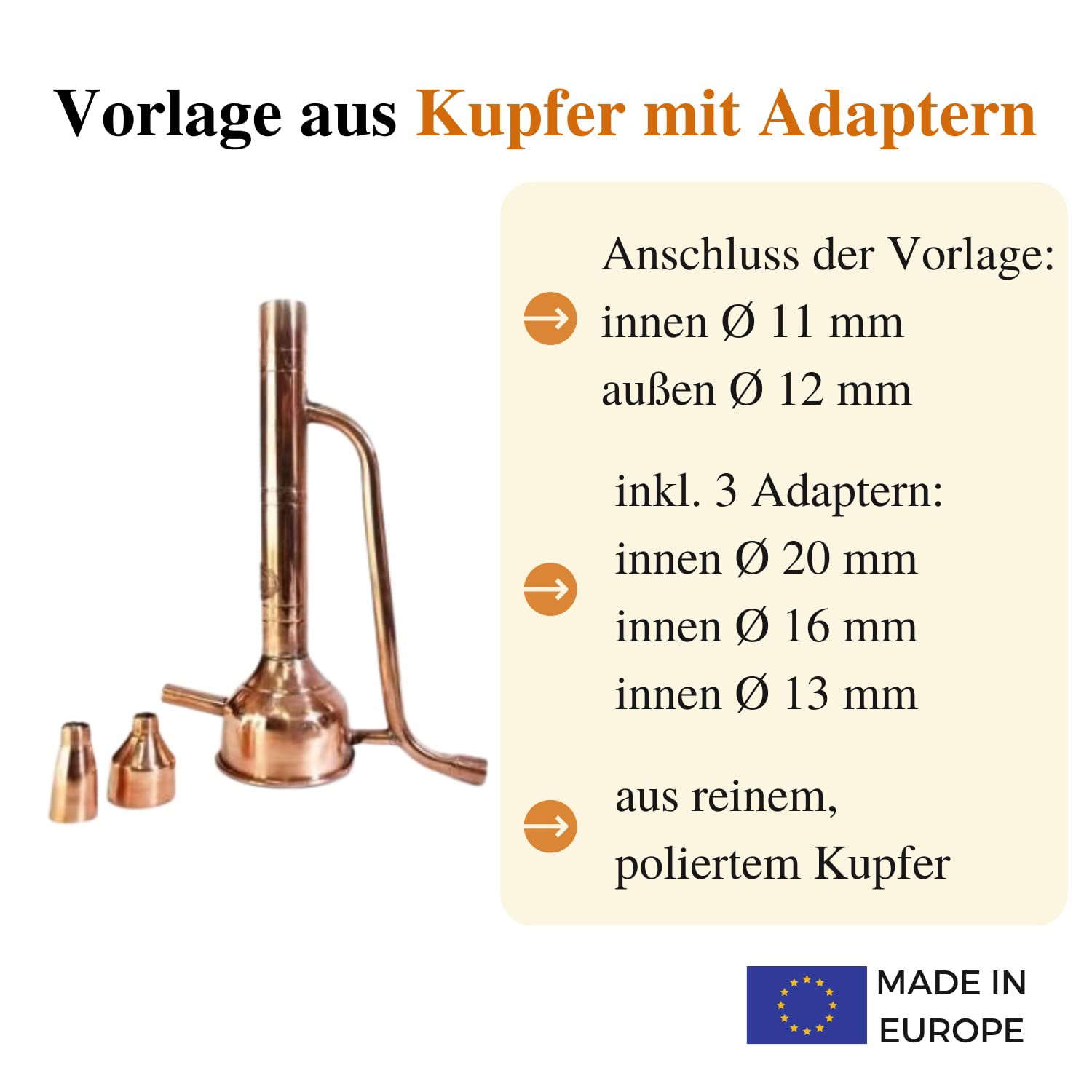 Copper Garden Vorlage aus blankem Kupfer - mit Adaptern I Alkoholvorlage für Destille I Vorlage zur Messung des Alkoholgehalts I universell passend für Destillen ab 5 Liter I Destille Zubehör