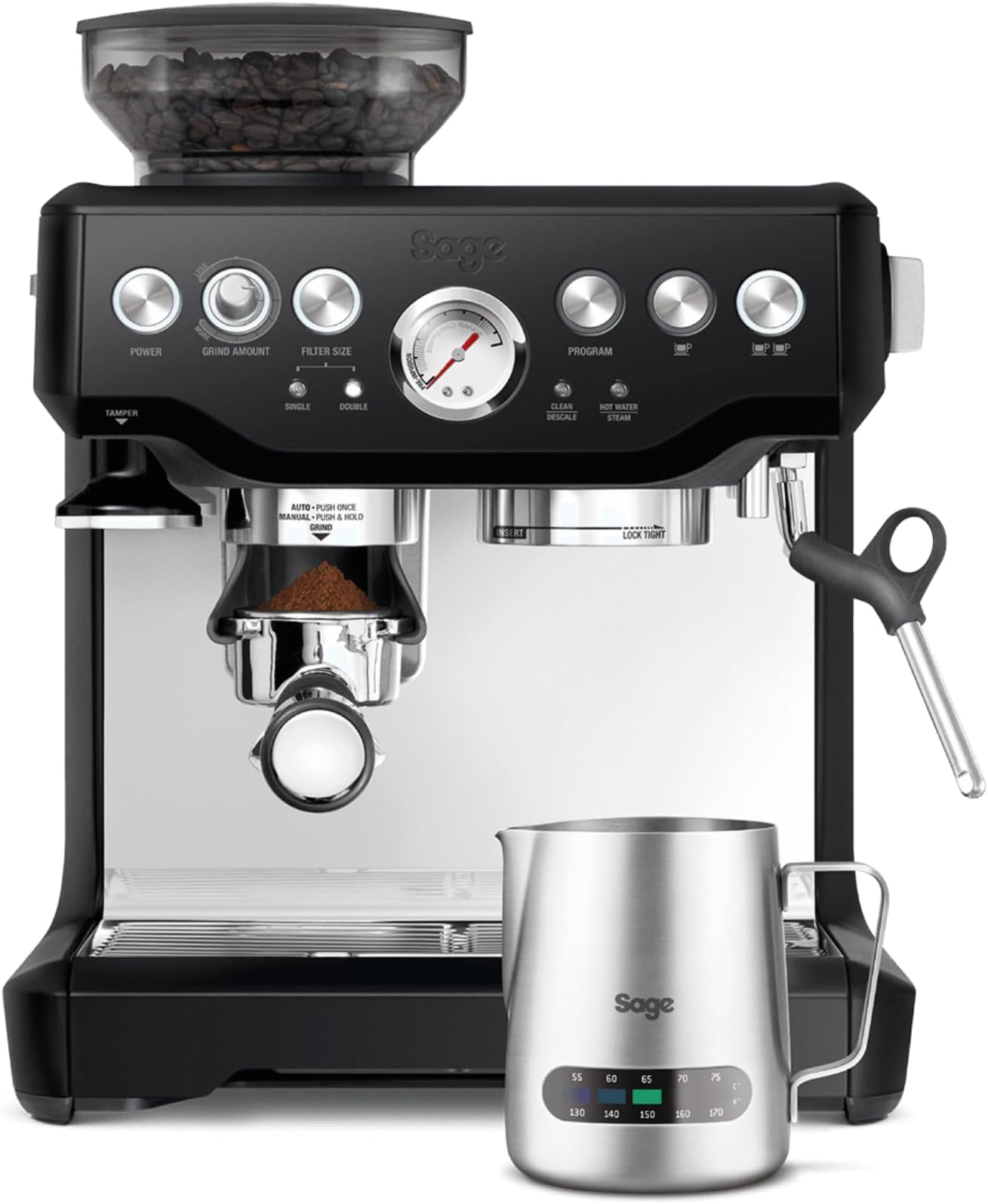 Barista Express, Manual Tamping, Temp Control Milk Jug, Bean to Cup Coffee Machine with Grinder, Manual Milk Frother, Black Truffle
