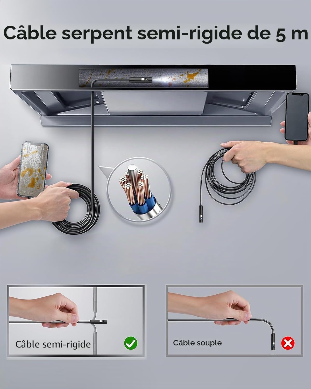 AOPICK Double Lentille Endoscope Caméra Endoscopique 5M - 1080P 3 en 1 USB Endoscope Caméra d'inspection, IP67 Étanche avec 8+1 Lumières LED Sonde de 7,9 mm pour Android, iPhone (No WiFi)
