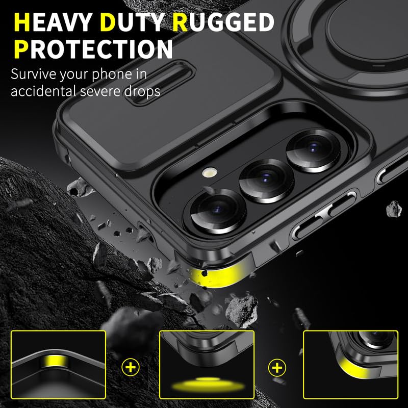 Image of LuxuryKase Shockproof Rugged Case for Samsung Galaxy S26 Plus | Slide Camera Cover | 360 Rotating Ring Kickstand | Military-Grade Protection - Matte Black
