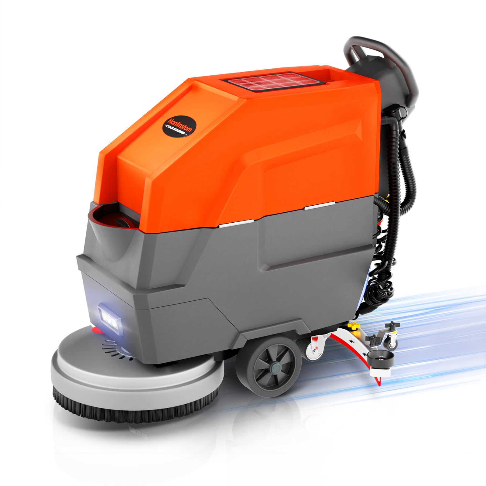 HANTINSTOM Walk Behind Commercial Floor Scrubber with 20" Ultra-Wide Scrubbing Path,High-pressure Watergun，LED Light，14.5 Gal Large Solution Tank,4