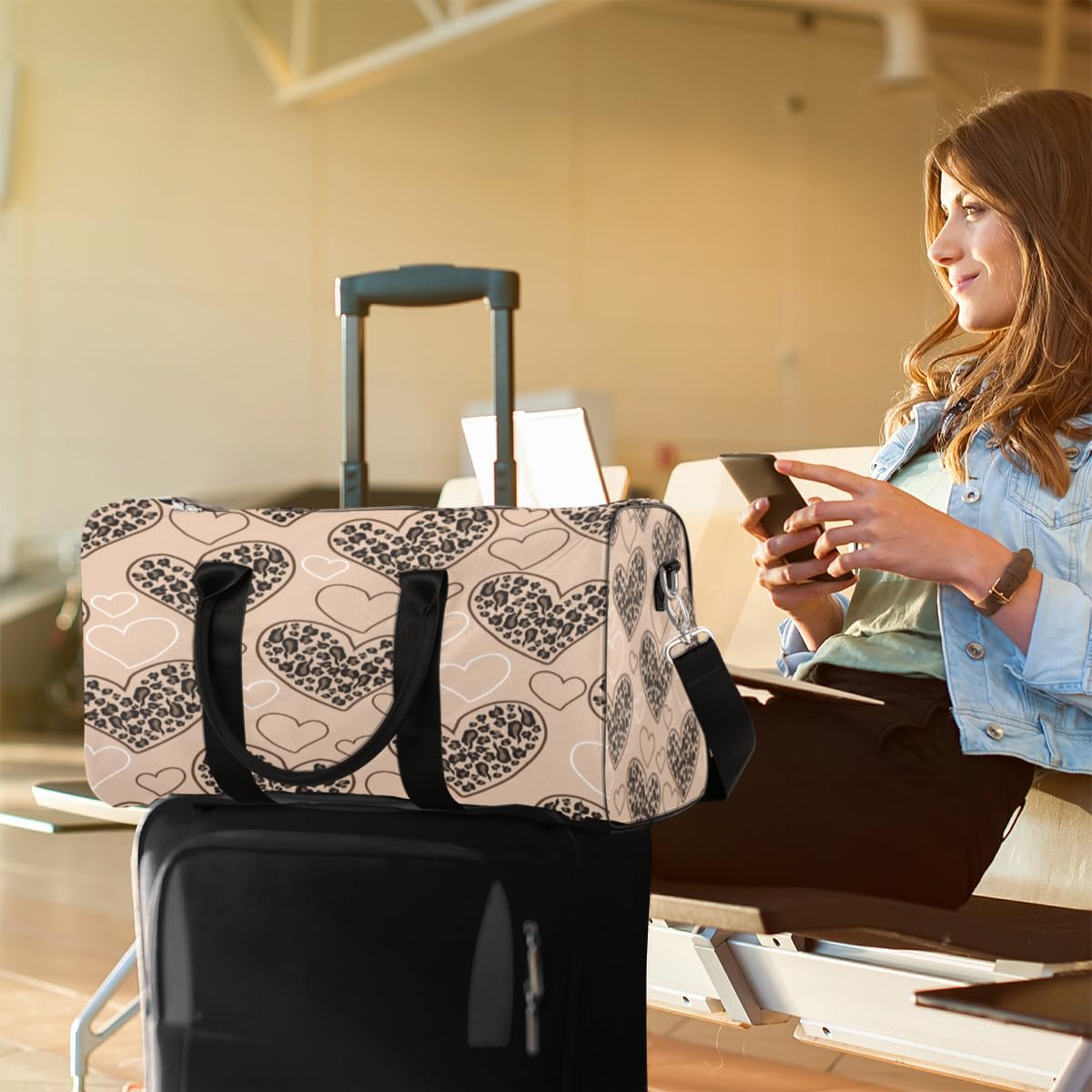 Hand Painted Leopard Heart Travel Duffel Bag for Women Men Large Capacity Overnight Weekender Bags for Lightweight Waterproof Sport Gym Bag for Workout Yoga Swim