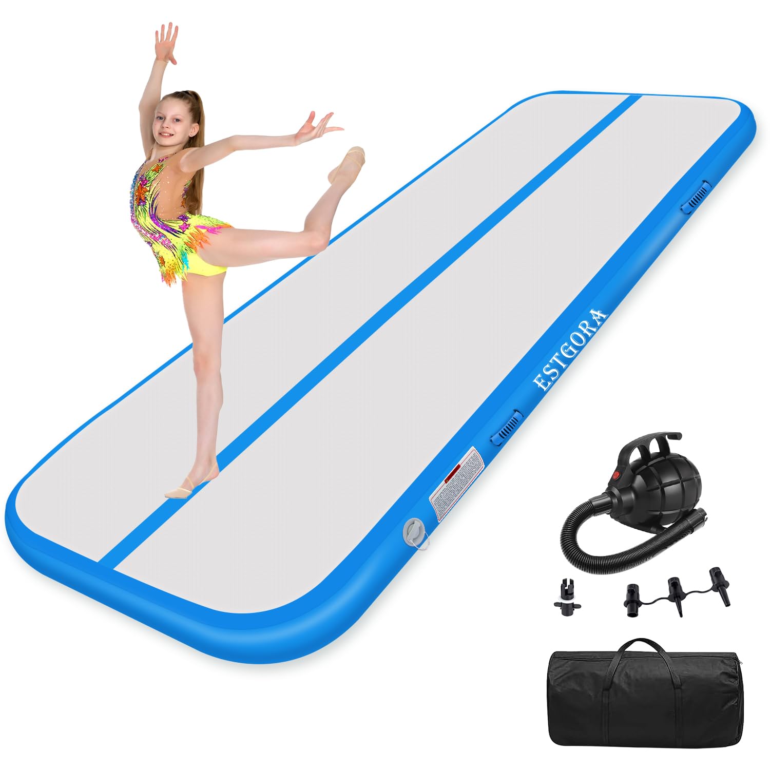 Estgora エアートラック 体操転倒マット インフレータブル マット 2/3/4/5/6/8M 長さ 1/2M幅 10/20CM厚さ ポンプ付き 自宅用/幼稚園/学校のトレーニング/チアリ ディング/テコンドー/ヨガ/テコンドー/武道 折りたたみ式