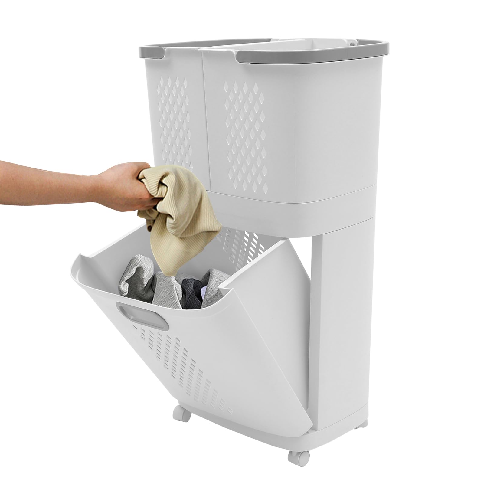 Cesto lavanderia a 4 ruote, carrello lavanderia con 3 cesti e maniglia, cesto lavanderia con telaio in metallo, per bagno, lavanderia, bianco