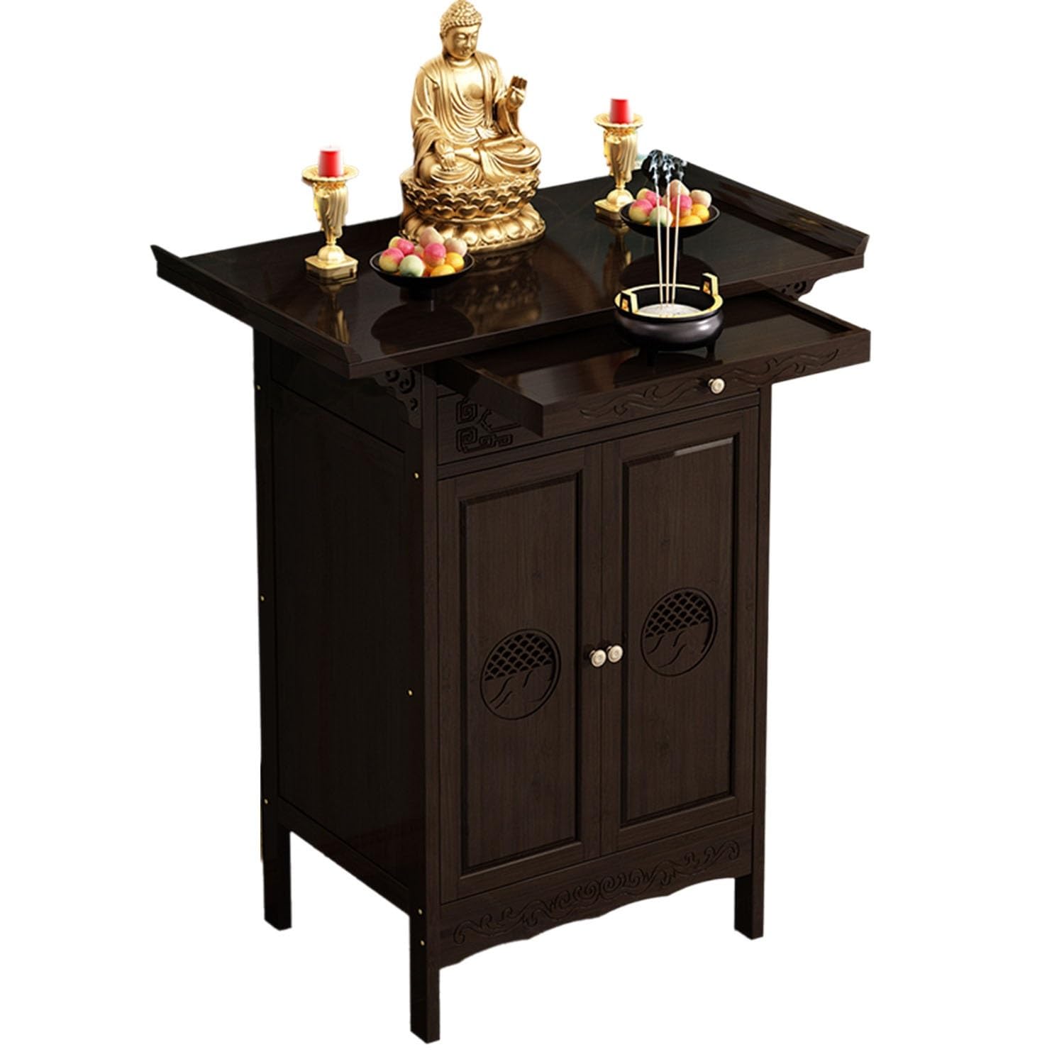 Traditional Carved Altar Table Storage Tier Cabinet Door Solid Meditation Prayer Shelf Spiritual Shrine Centerpiece Home Decor(100cm/39.4in)