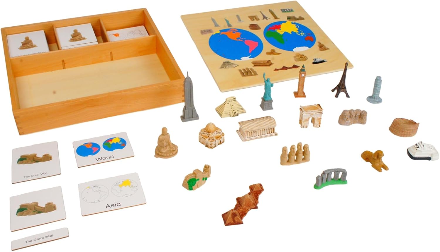 ancona World Landmarks and Continents Geography Learning Set, Spanish/English Bilingual, Montessori Preschool Memory Matching Game Box