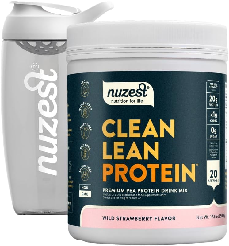 Nuzest Vegan Pea Protein Powder - Clean Lean Protein 20 Servings 20g Protein, Wild Strawberry Protein Shake Mix + Sports Shaker Bottle 24oz