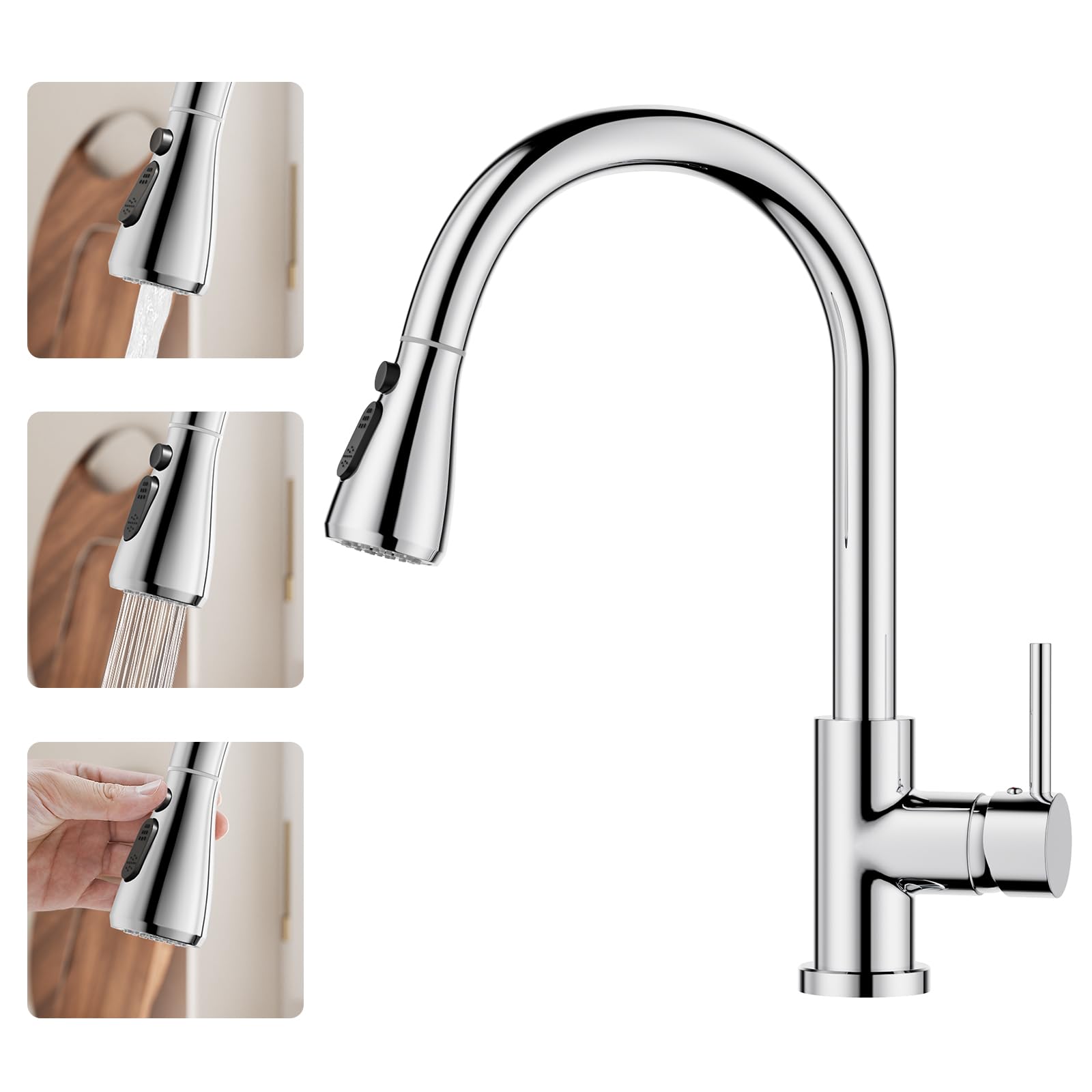 BESy Kitchen Sink Tap with Pull Out Sprayer, 3-Mode Pull Down Mixer Tap, Stainless Steel High-Arc 360° Swivel