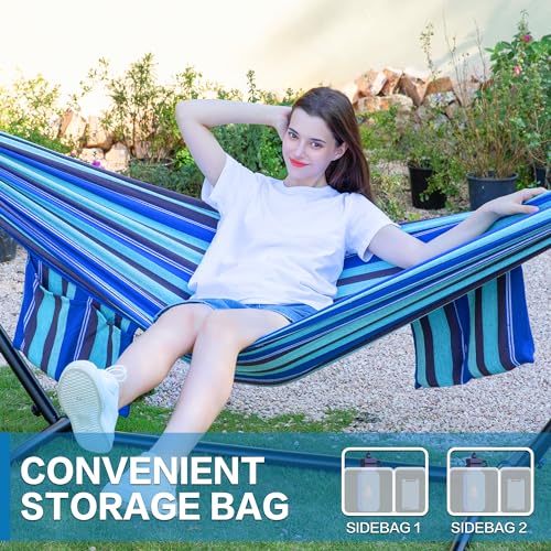 Image of PNAEUT Double Hammocks with Stand for Outside, Portable Space Saving Heavy-Duty Steel Stand for Indoor Outdoor Patio with Carrying Bag, 450 lbs Capacity (Blue Lagoon)