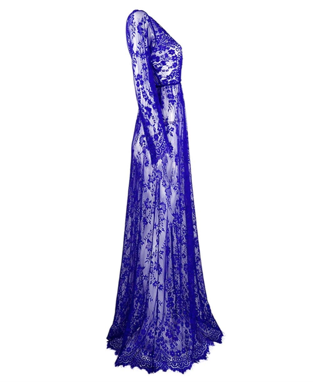 ZIUMUDY Sexy Deep V-Neck Long Sleeve Lace Beach See-Through Maternity Maxi Dress: X-Large Navy Blue