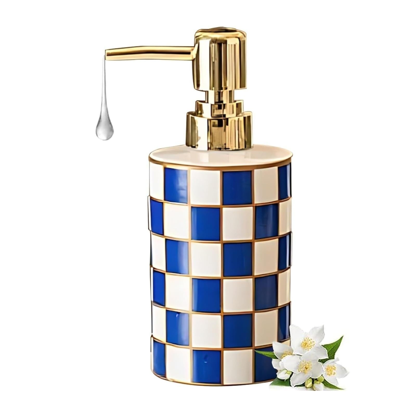 Yuue Blue Empty Barthroom And Dish Soap Dispensing Retro Checkerboard Dish For Kitchen 10.5Oz With Chrome Pump Decor For Counter(Blue)