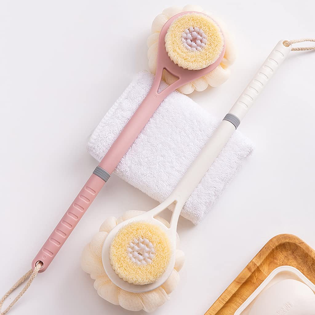 Badebürste Mit Weichen PBT-Borsten, Körperbürste Mit Rutschfestem PP-Griff, Haushalts-Badeball-Rückenbürste Mit Doppelseitigen Borsten(White+Pink,15Inches*2)