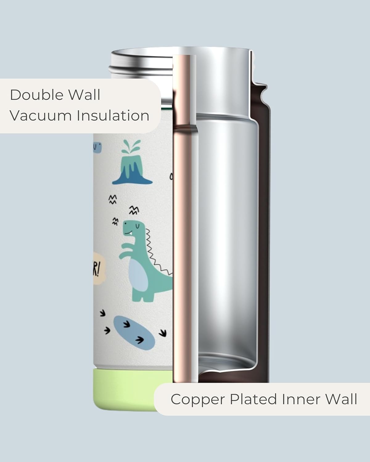 Hippypotamus Kids Water Bottle - Stainless Steel Vacuum Insulated -12 oz - Leak Proof Straw Lid & Soft Spout For Toddlers & Kids (Green Dinosaur) - Image 4