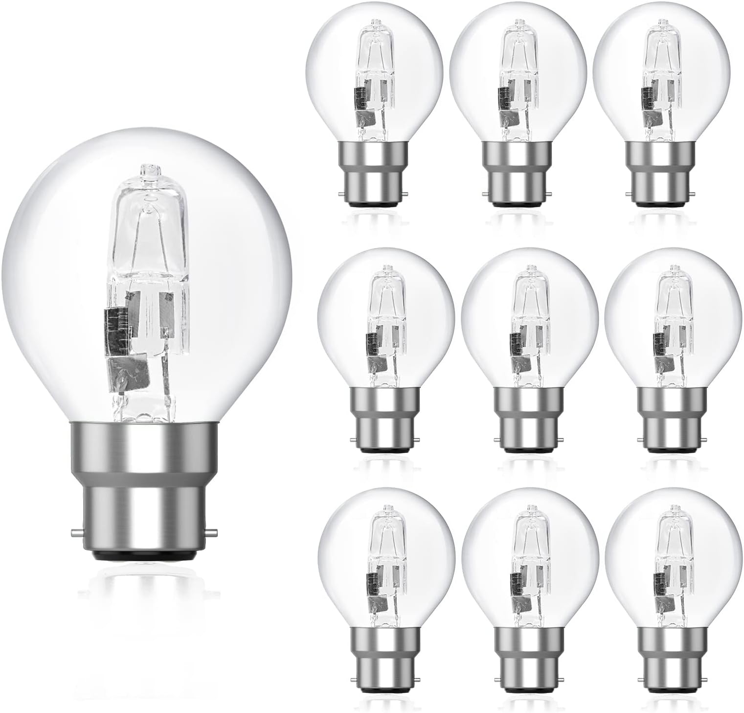 DoRight 42W BC B22 Halogen Golf Ball Bulbs, Dimmable G45 Mini Globe Bayonet Cap Light Bulb B22 B22d Classic Clear Round Bulb, Warm White 2700K, 613lm Mains 240V for Ceiling Fans Chandelier (10-Pack)