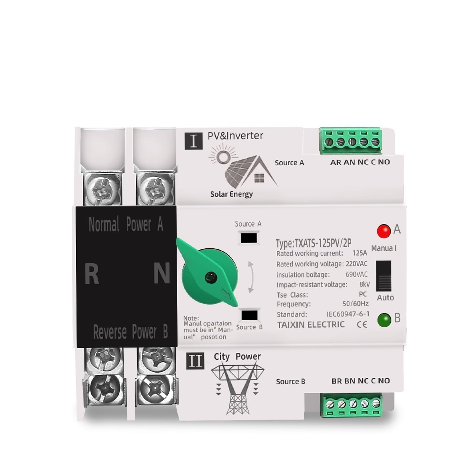 TAXNELE ATS 2P 4P 63A 125A Dual Power Automatic Transfer Switch AC 230V MCB Auto Changeover Switch I.1020422538