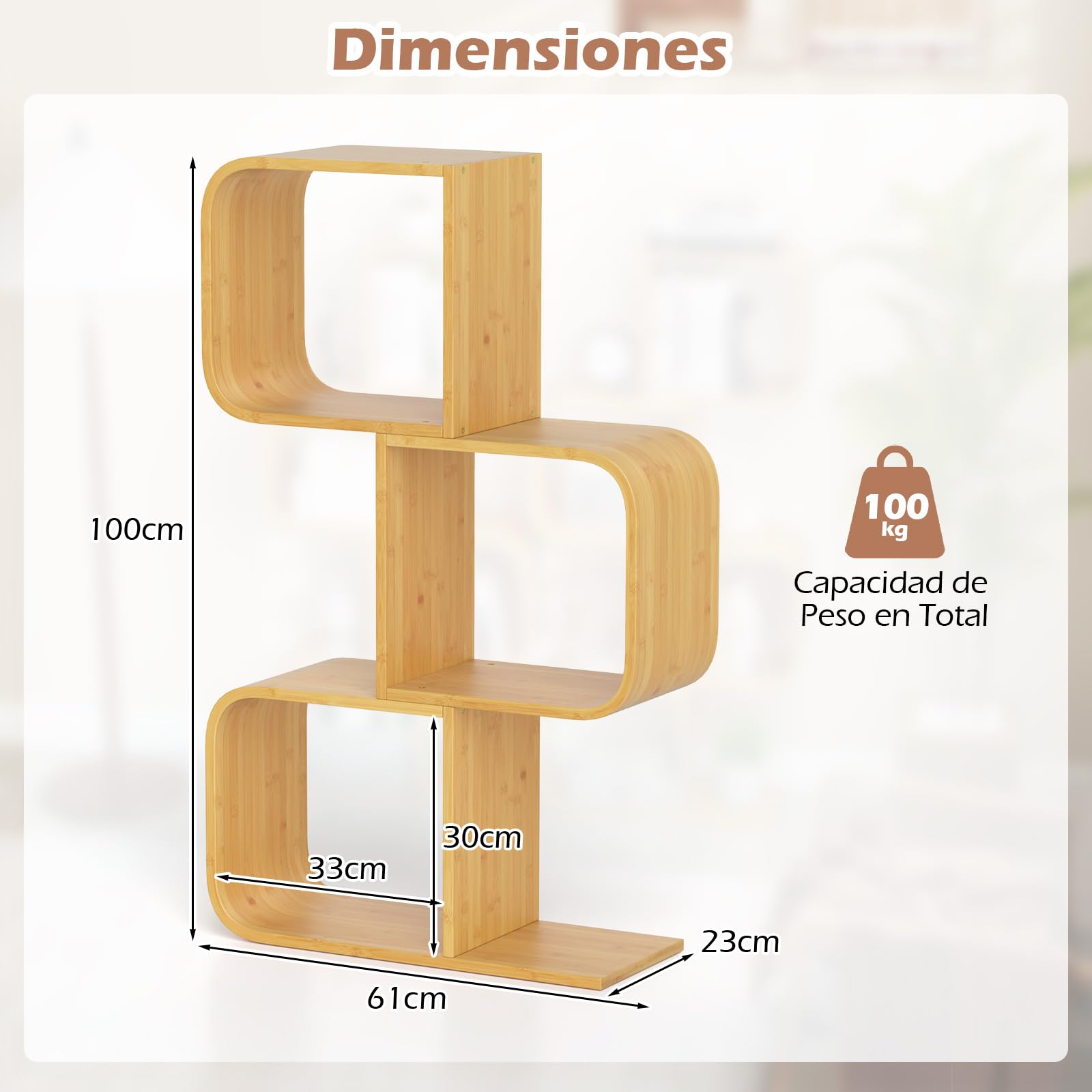 COSTWAY Estantería en Forma de S, Estantería de Almacenamiento de 3 Niveles con 3 Cubos Abiertos, Estantería de Bambú para Esquina Decorativo para Sala de Estar, Estudio, Oficina, Natural (3 Niveles)